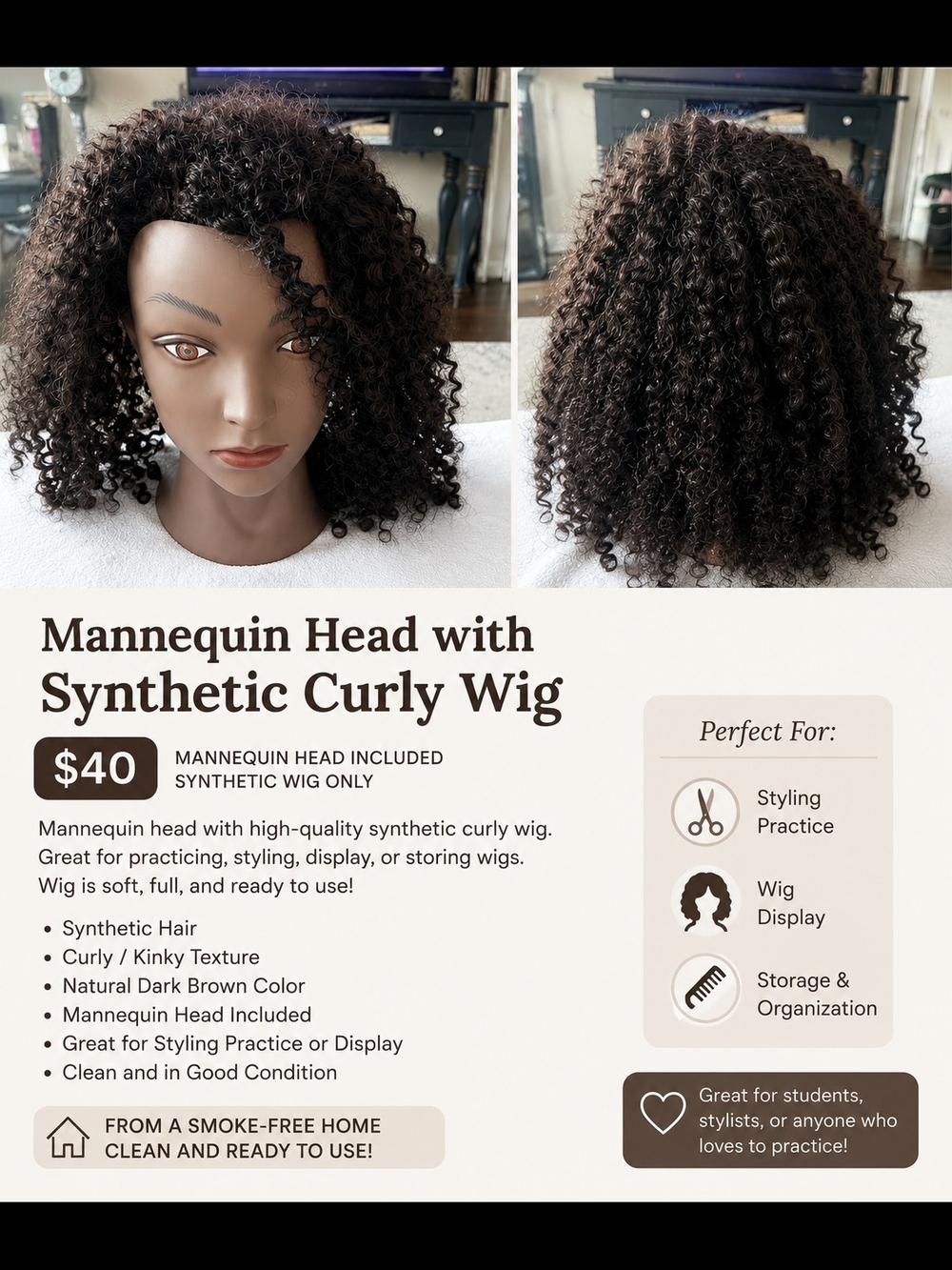 Natural Dark Brown Synthetic Curly Mannequin Versatile Styling Wig